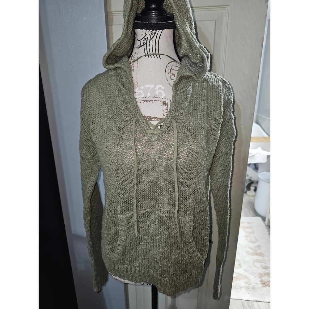 Roxy Womens Olive Green Open Knit Lace Up Pullover Hoodie Sweater Large